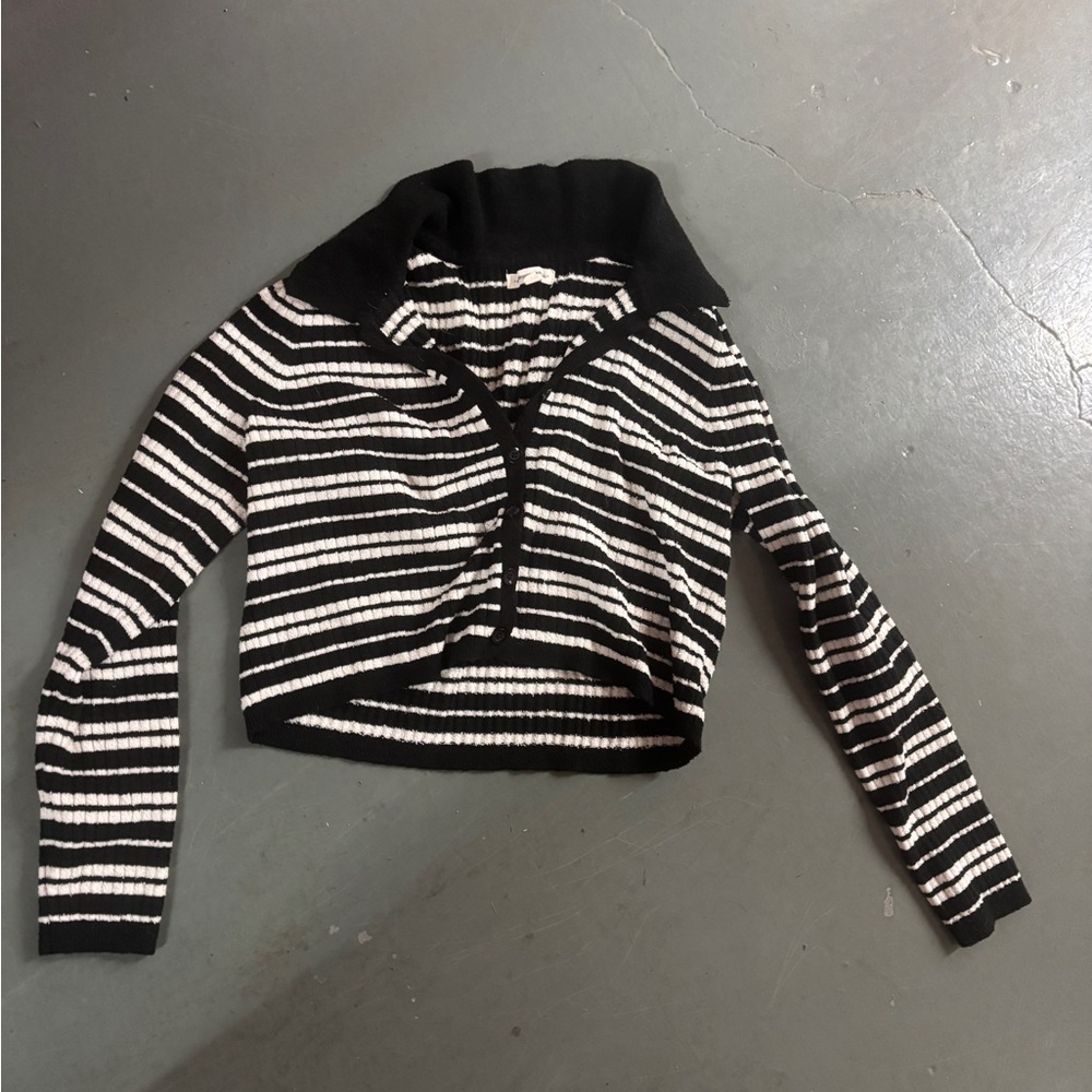 Black and White Striped Cropped Shawl Collar Sweater